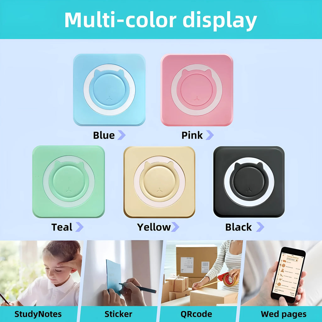 Pocket mini thermal printer in Macaron Blue with USB cable on white background