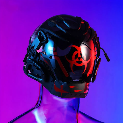 Black full-face bioweapon tech cyberpunk prop mask helmet for costumes.