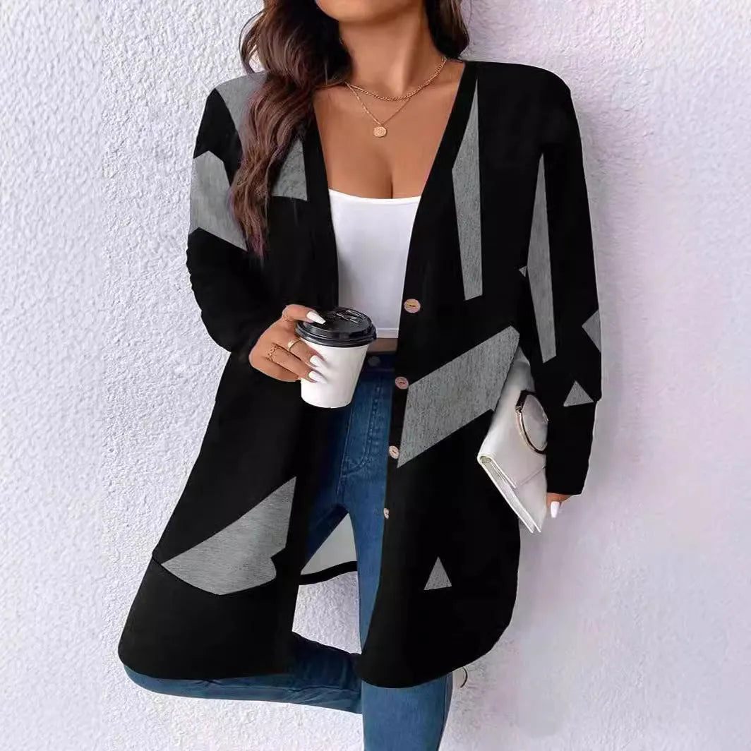 Black loose fit plus size cardigan with button front and printed stitching detail