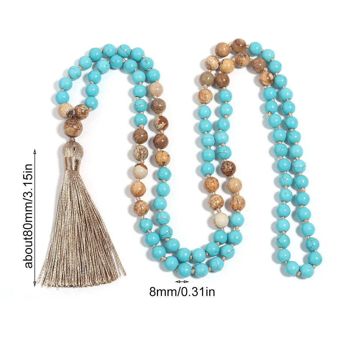 Handmade blue pine turquoise stone mala necklace with ball beads on a white background.