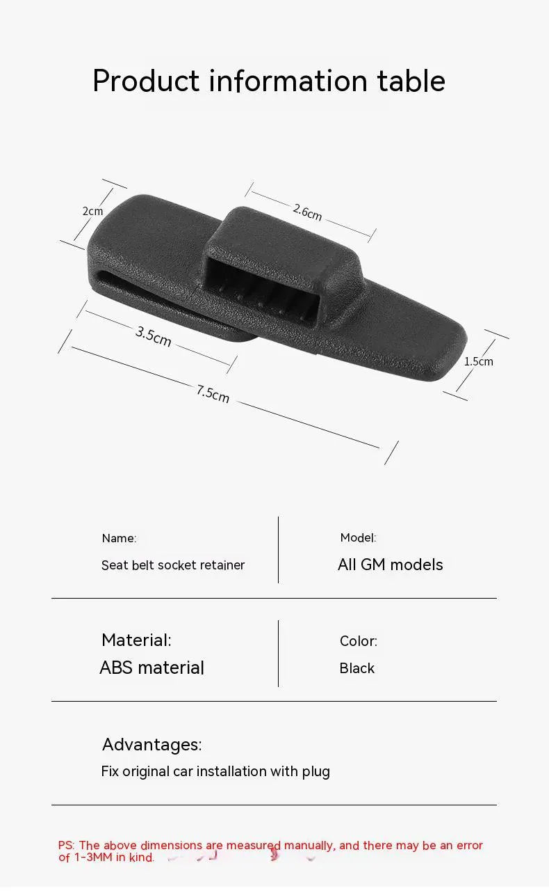 Two black ABS plastic car seatbelt adjustment clips packaged in a clear OPP bag.