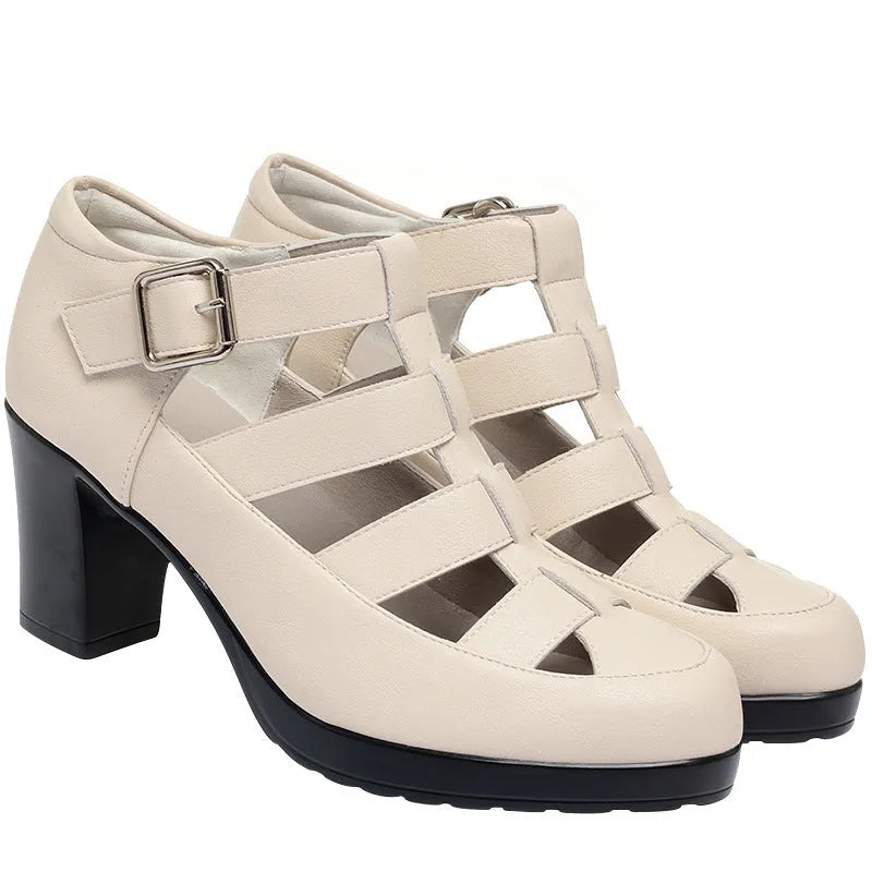 Women's beige closed toe sandals with chunky heel, woven design, and adjustable ankle-strap buckle