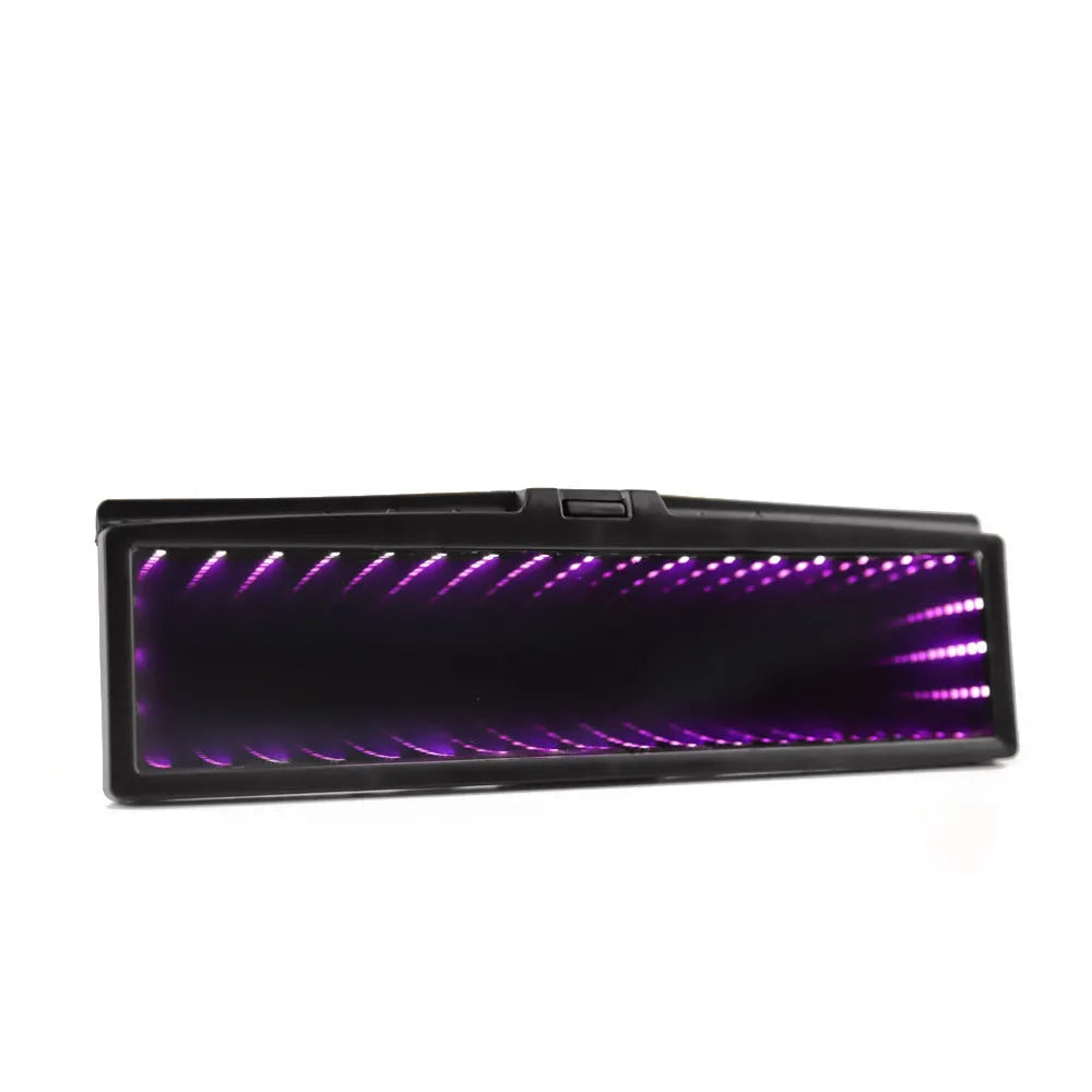 Blue flat car rearview mirror with wide 280mm anti-glare surface and built-in LED lighting.