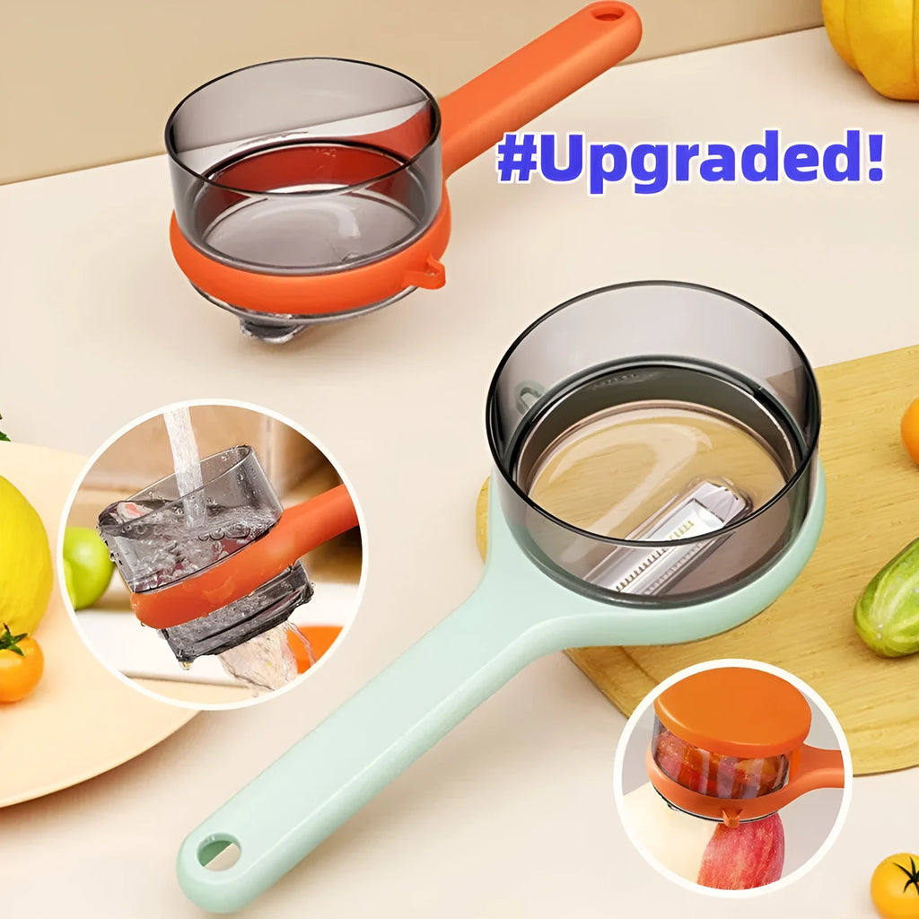 Kitchen storage peeler with integrated bucket in light green or orange colour