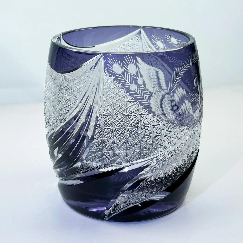 Lavender purple crystal glass cup with handmade phoenix carving, cylindrical Japanese style shape, 301-400ml capacity