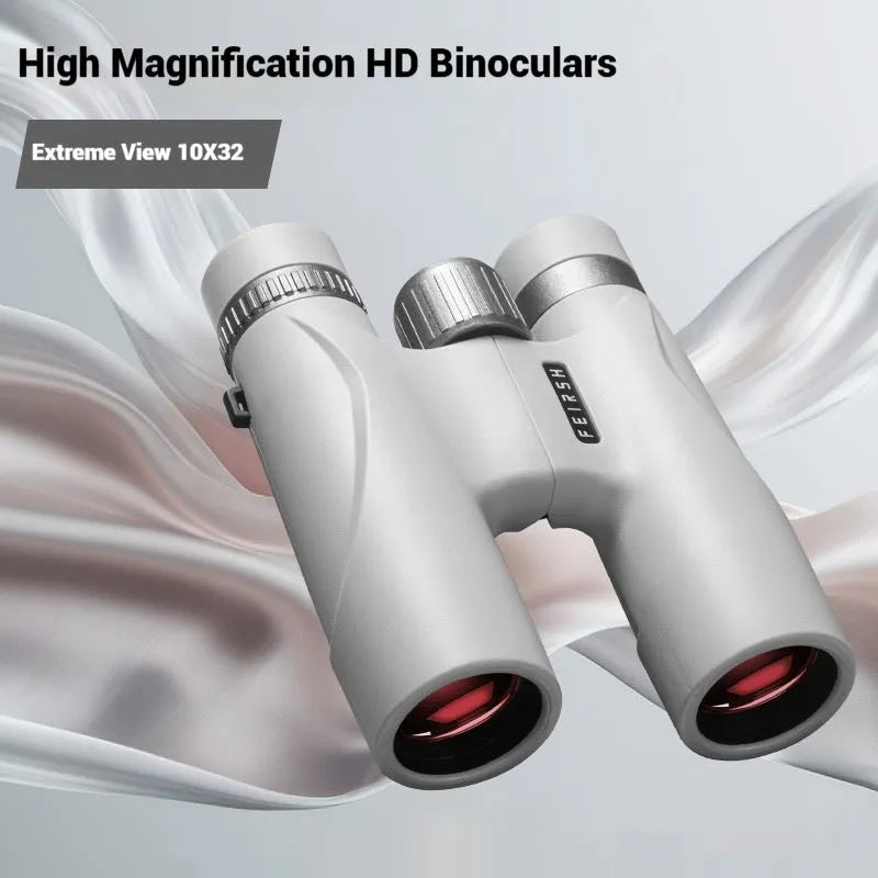 10x32 blue binoculars with wine red lenses showing 112mm height measurement
