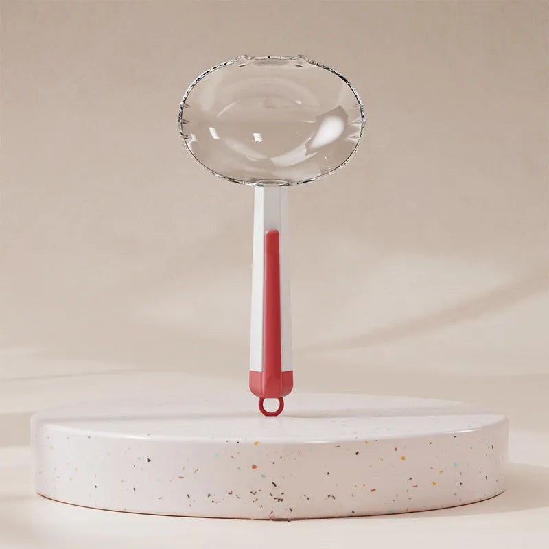 Blue pet food spoon with metal clip attached to a dog food tin.