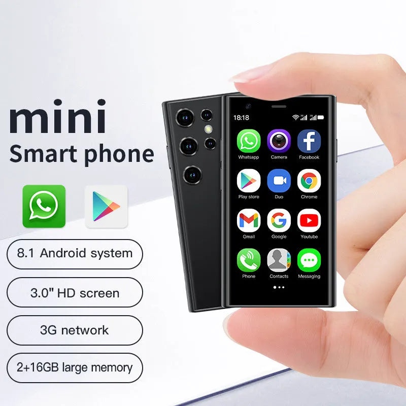 Black, green, and pink purple mini Android smartphone with 3-inch screen showing home screen interface