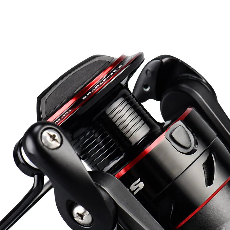 All metal spinning fishing reel and collapsed telescopic fishing rod combo on a background.