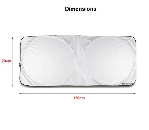 Silver car windshield sunshade in reflective metallic polyester and nylon, 150x70cm flat size