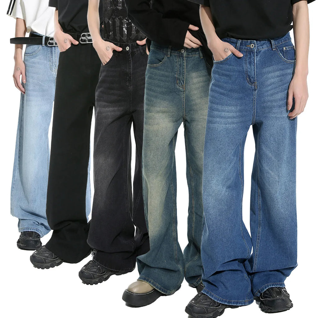 Men's retro washed straight leg jeans in dark blue, loose fit, mid waist, cotton blend denim
