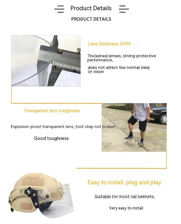 Transparent polycarbonate helmet mask with guide rail for attachment, showing semi-rimless sports design.