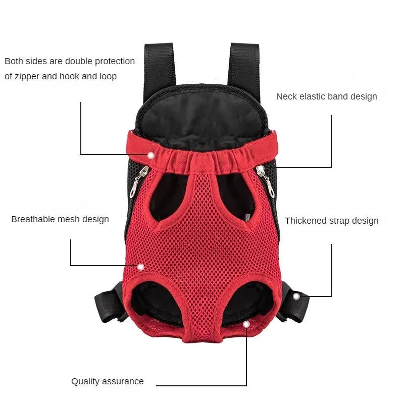 A person wearing a black dog carrier backpack containing a small dog, showing the mesh panels and adjustable straps.