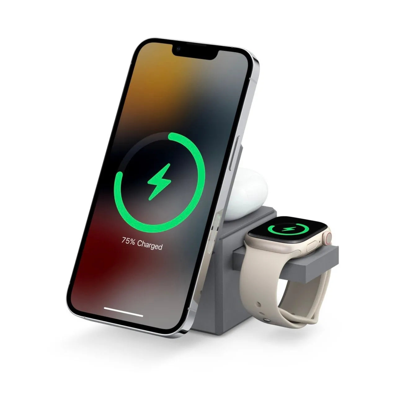 Foldable magnetic wireless charging station for iPhone, AirPods and Apple Watch showing USB-C port and compact design