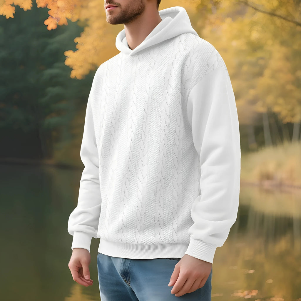 Men's casual thick jacquard hooded sweatshirt wool lined winter loose fit polyester