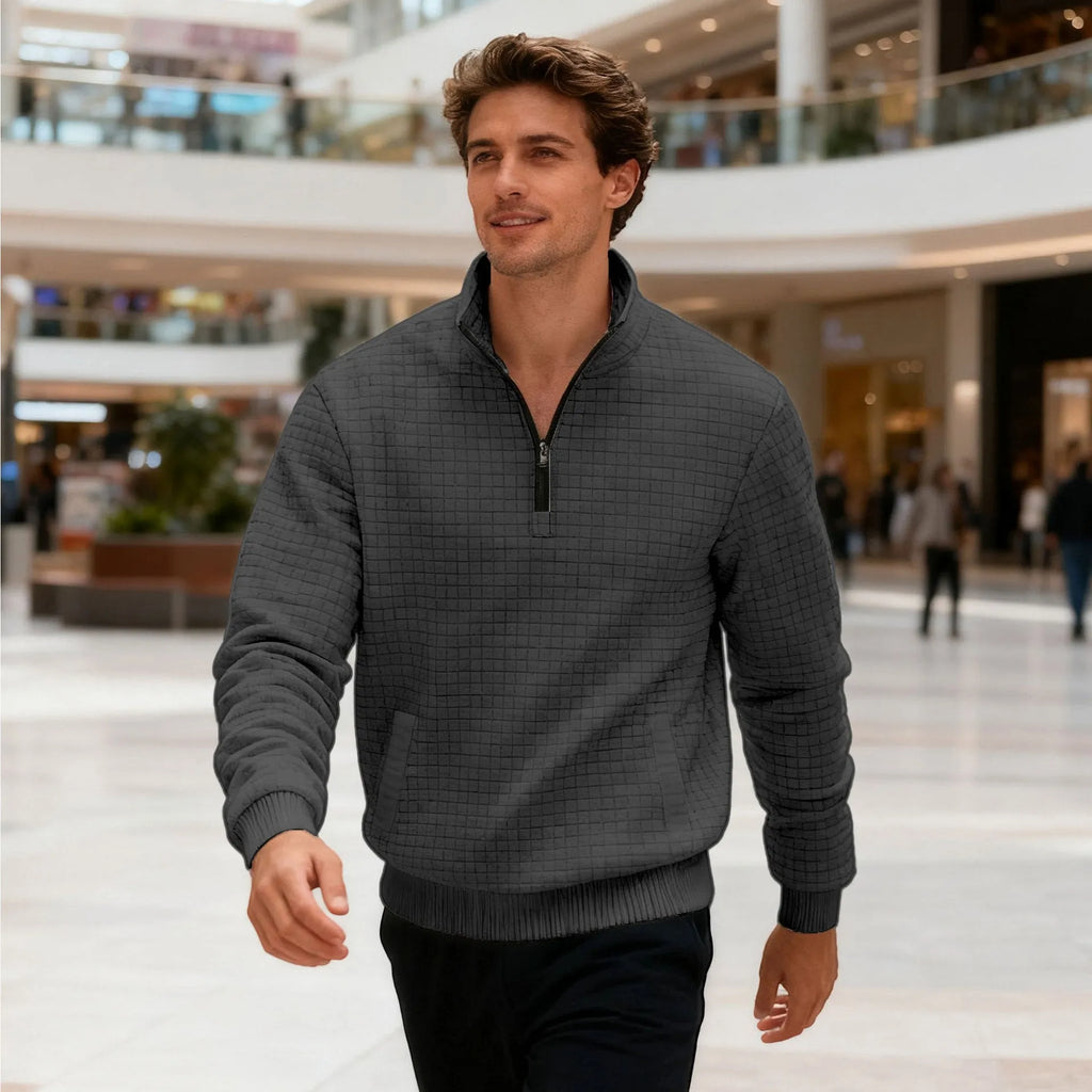Men's grey stand-up collar long sleeve jacquard small check sweatshirt with side seam pockets
