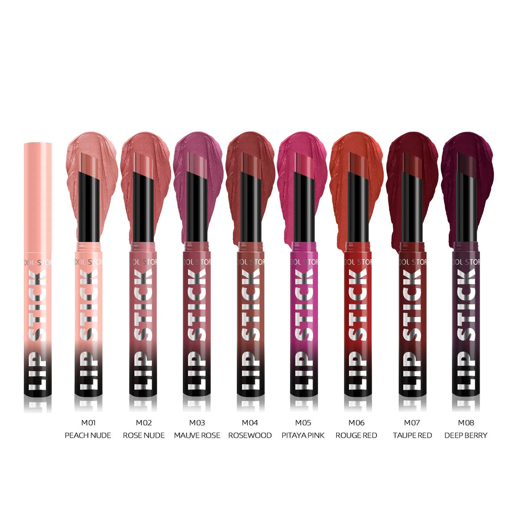Dual-use lipstick stick with light gloss finish in eight shades including nude and berry tones