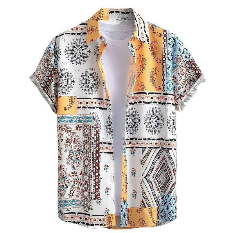 Men's slim fit short sleeve Hawaiian shirt with digital print pattern on stretch polyester fabric.