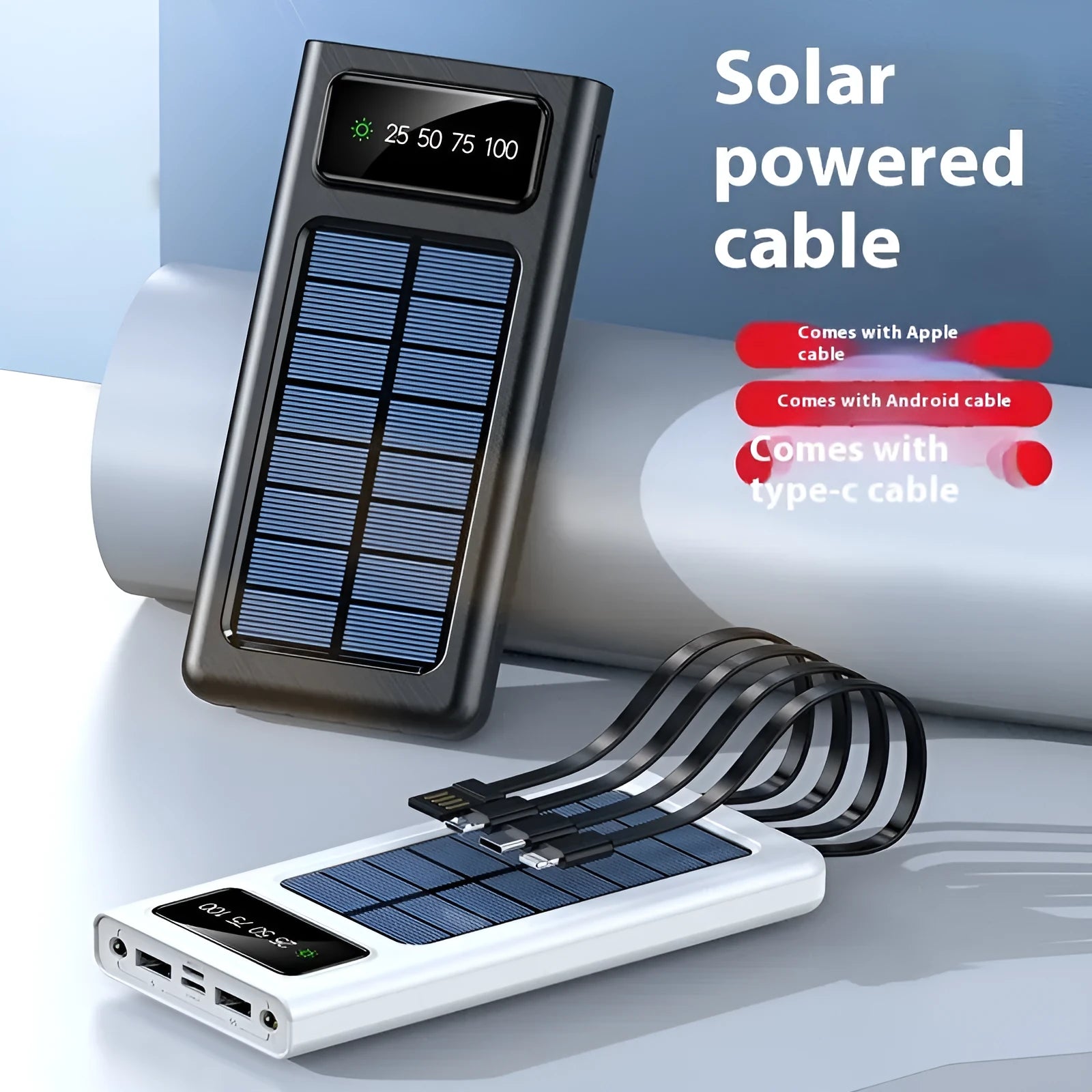 Black or white 20000mAh solar power bank with cable, showing creative design and portable size