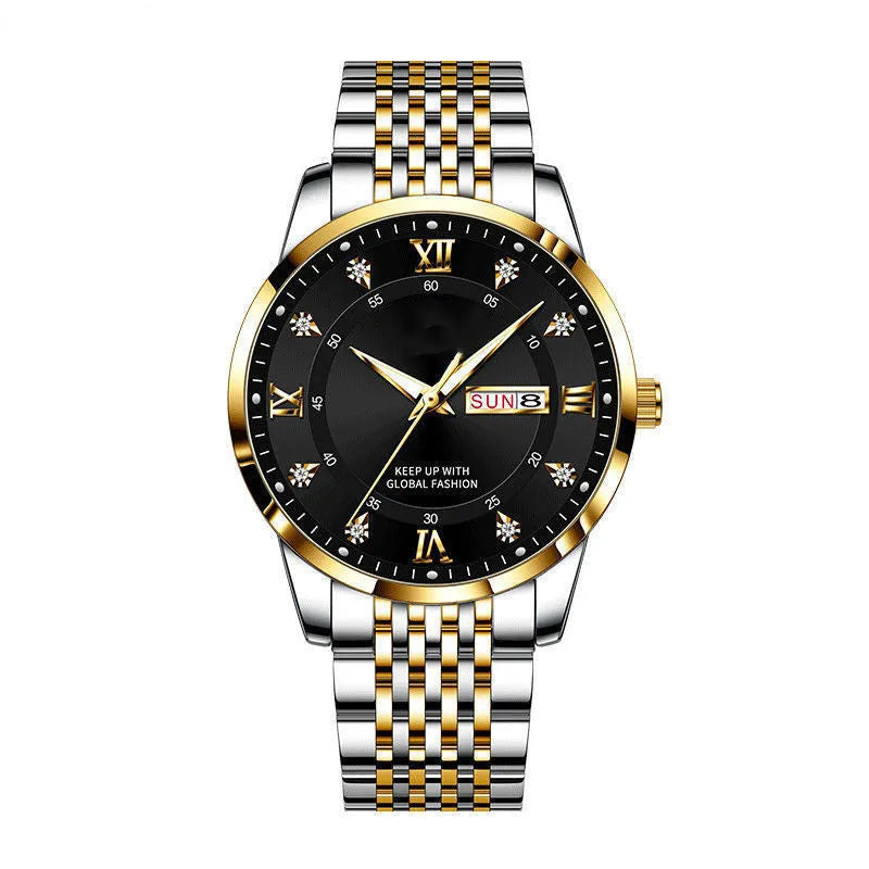 Men's quartz calendar week display watch with luminous dial, 42mm alloy case, stainless steel buckle, intergold colour