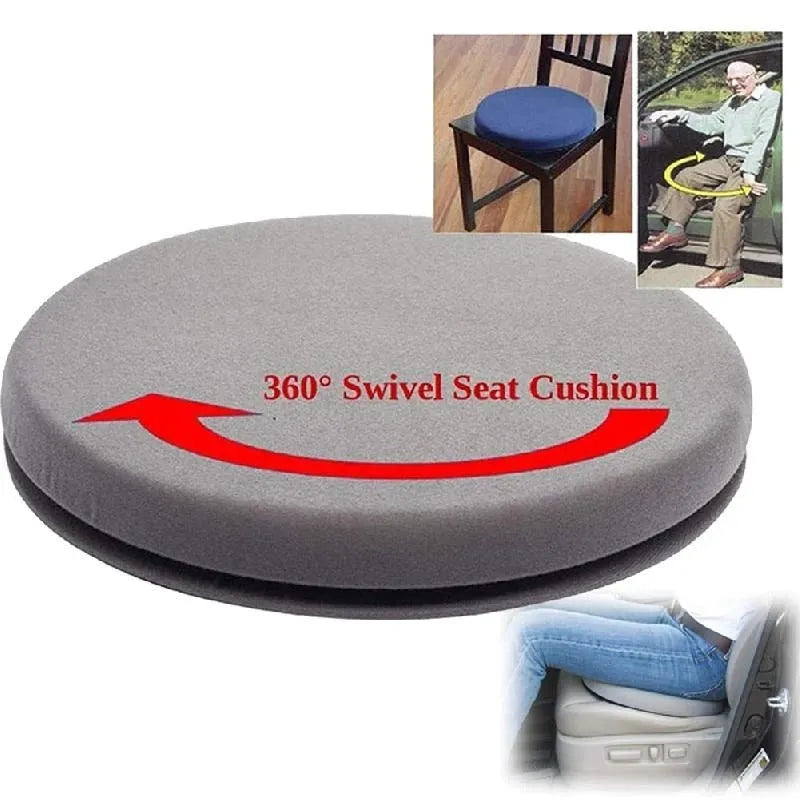 360-degree rotating grey car seat cushion with non-slip base on a car seat.