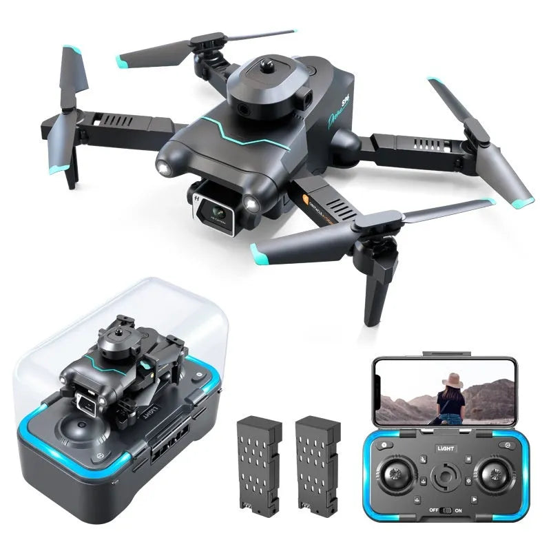 Black four-axis mini drone with cameras, showing obstacle avoidance sensors and compact plastic body.