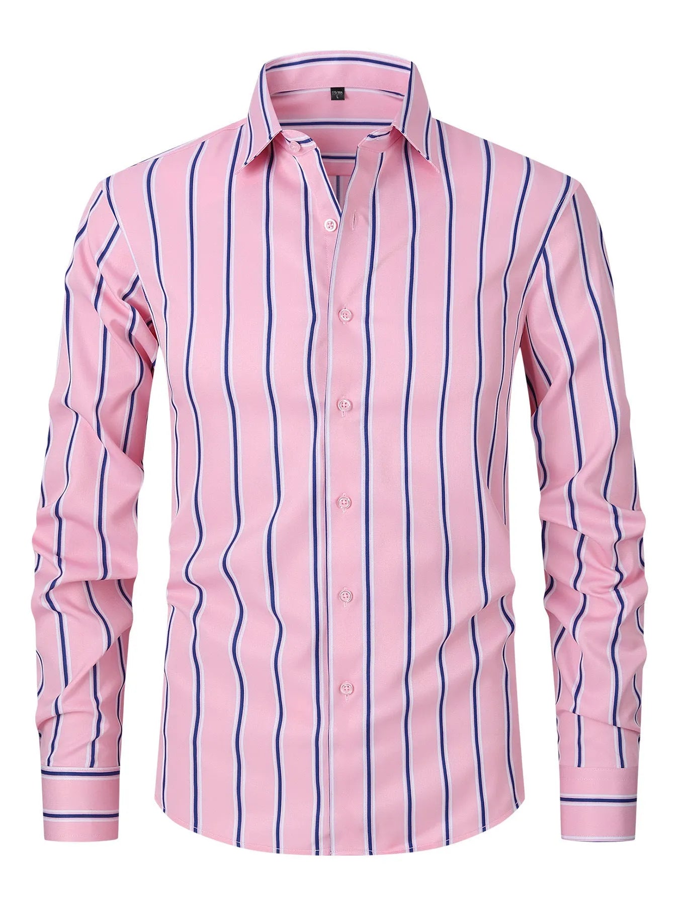 Men's slim-fit long sleeve striped business shirt in a blue and white colour pattern.