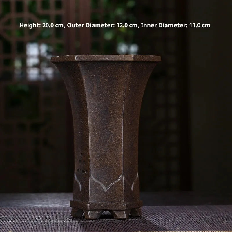Purple sand classical ceramic orchid pot with tray and multiple drainage holes, stick bottle shape