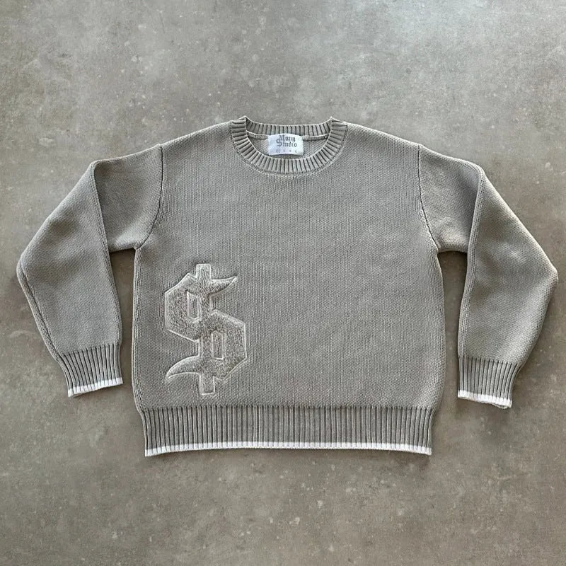 Grey jacquard knitwear coat loose fitting pullover long sleeves