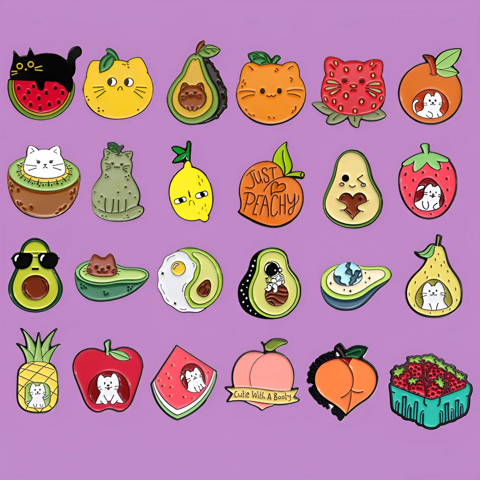 Colourful cartoon fruit design metal brooch with a silver pin fastener on the back.