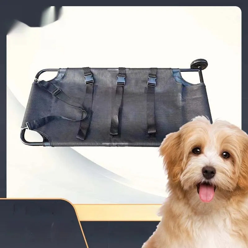 Black aluminium alloy foldable pet stretcher for large dog emergency rescue and transfer.