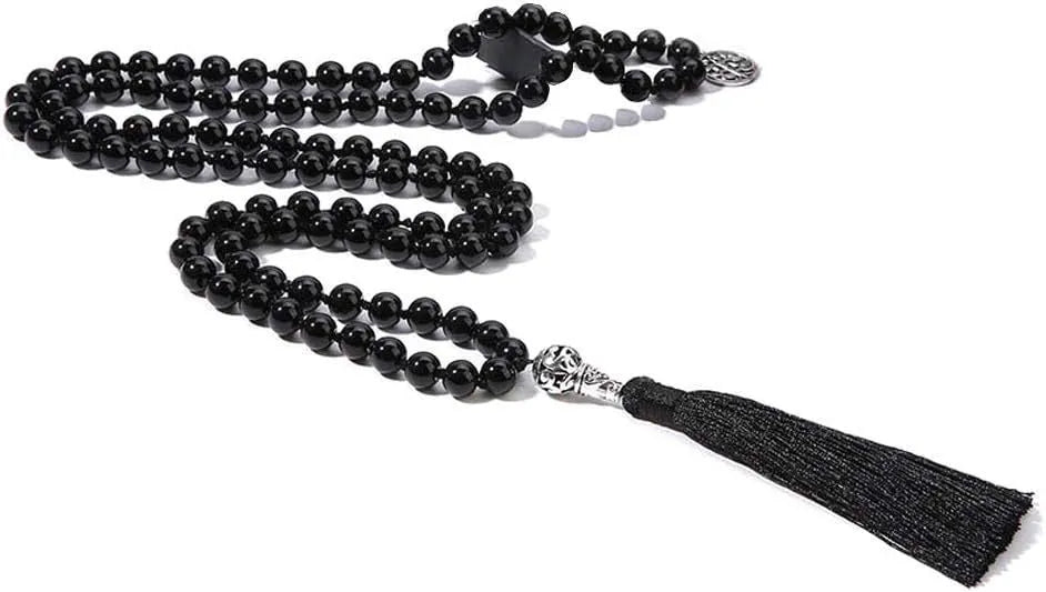 Handmade knotted stone bead necklace with 108 beads, showing geometric design and natural stone colours.