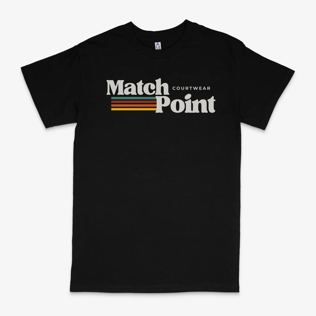 Black men's t-shirt with white 3D digital printed text pattern on the front, showing round neck and short sleeves.