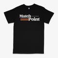 Black men's t-shirt with white 3D digital printed text pattern on the front, showing round neck and short sleeves.