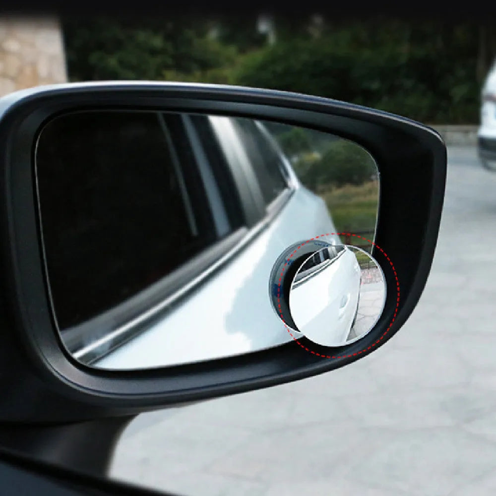 Silver car blind spot mirror with convex glass and 360° adjustable mount for rearview mirror attachment