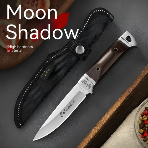 Stainless steel camping fruit knife with leather protective case showing national style design