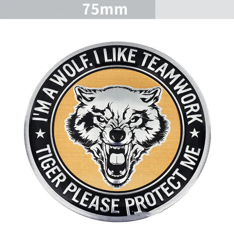 Aluminium car sticker set showing lion, eagle, wolf head and tiger emblem designs for vehicle modification.