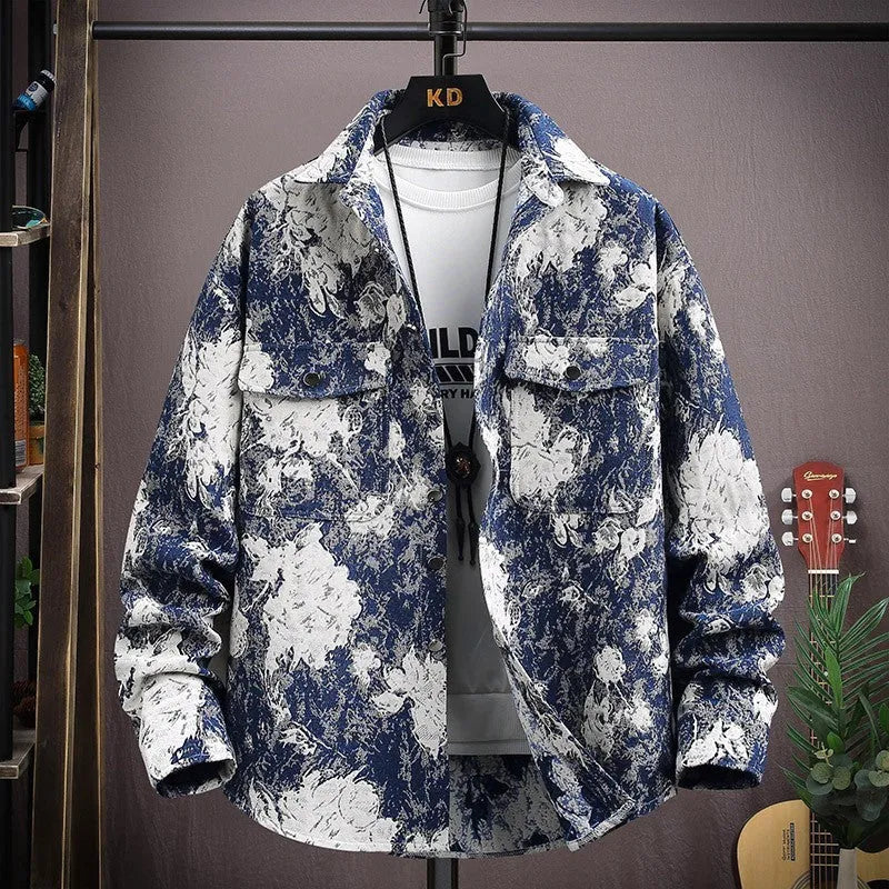 Men's casual lapel shirt coat in polyester, shown in a colour option like black or blue, with long sleeves and a straight hem.