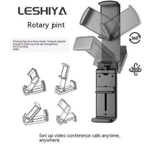 A foldable black phone holder with a rotating head, shown holding a smartphone.