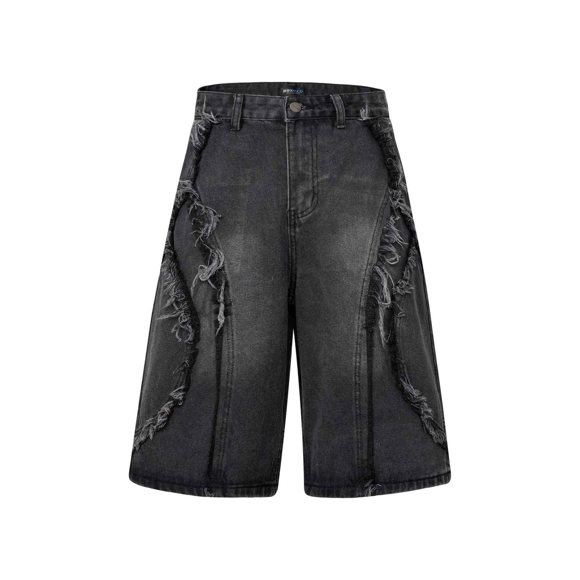 Distressed raw edge denim shorts in light blue on a mannequin, showing straight cut and cropped length.