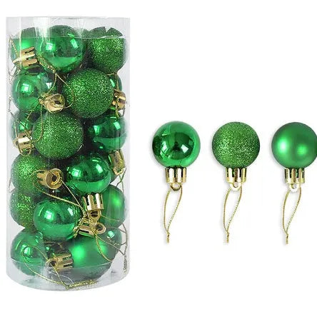 Set of 24 shiny and matte finish Christmas ball ornaments in assorted colours, each 3cm in diameter.