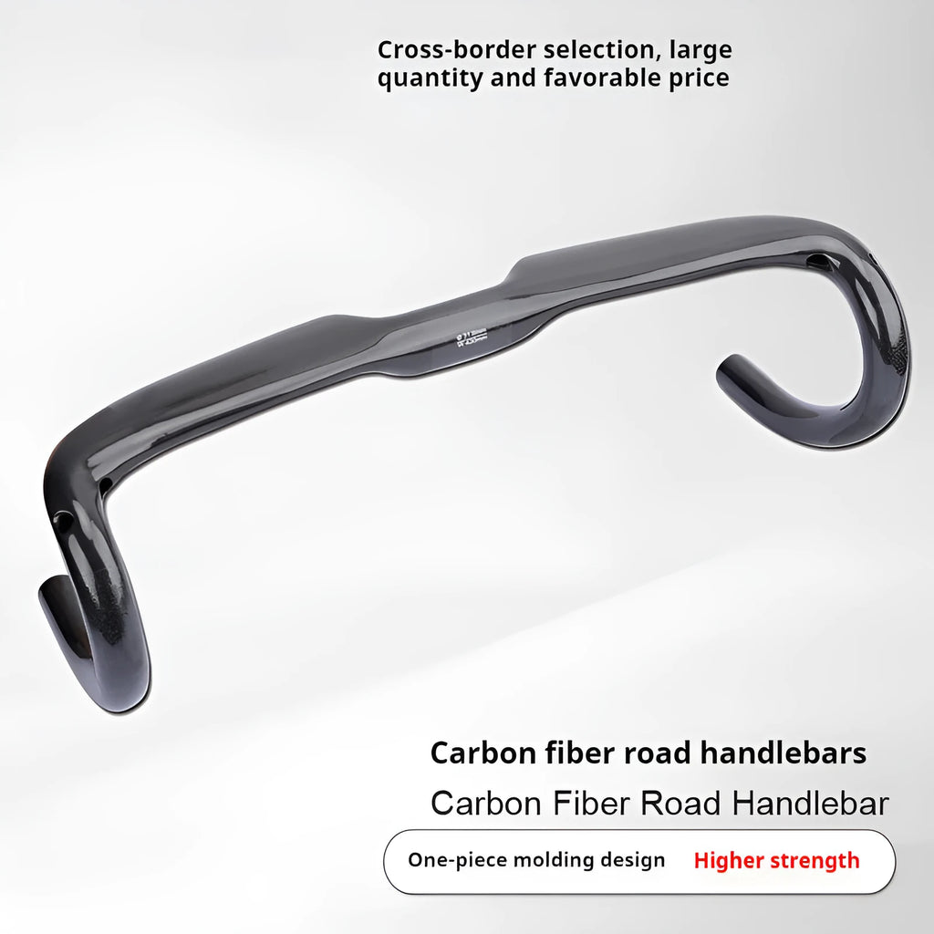 Carbon fibre road bicycle drop handlebar showing UD weave in black, grey, and silver.