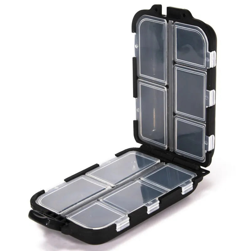Black plastic fishing tackle storage box with a 10-grid interior for small hooks and lures.