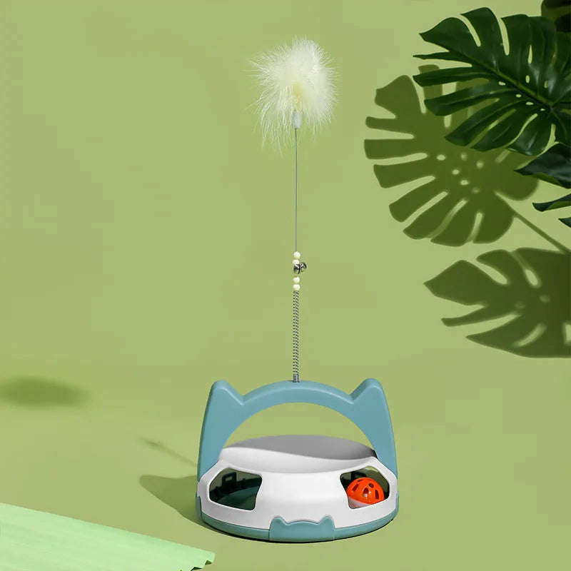 Bite-resistant plastic cat toy stick with a spinning ball on a flexible wire, shown in assorted colours.