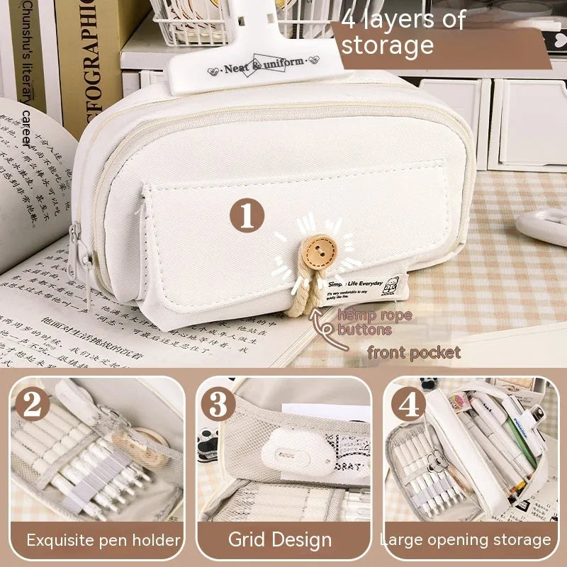 Green canvas button pencil case showing large capacity for pens in Korean style design.