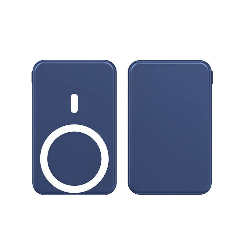 Magnetic wireless charging power bank with folding bracket showing capacity options and colour variations