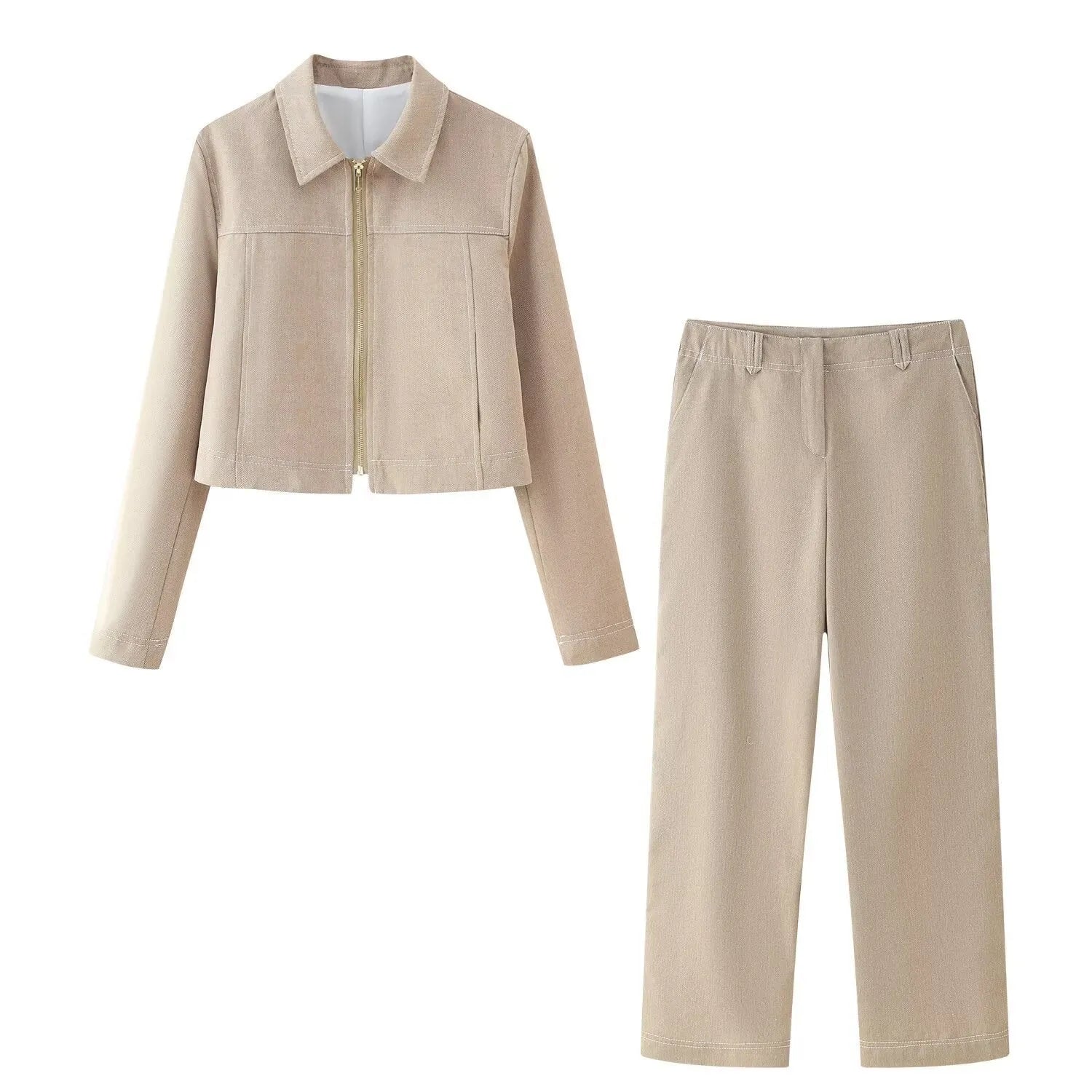 Women's herringbone pattern polyester suit set with 3D embroidery on jacket and trousers