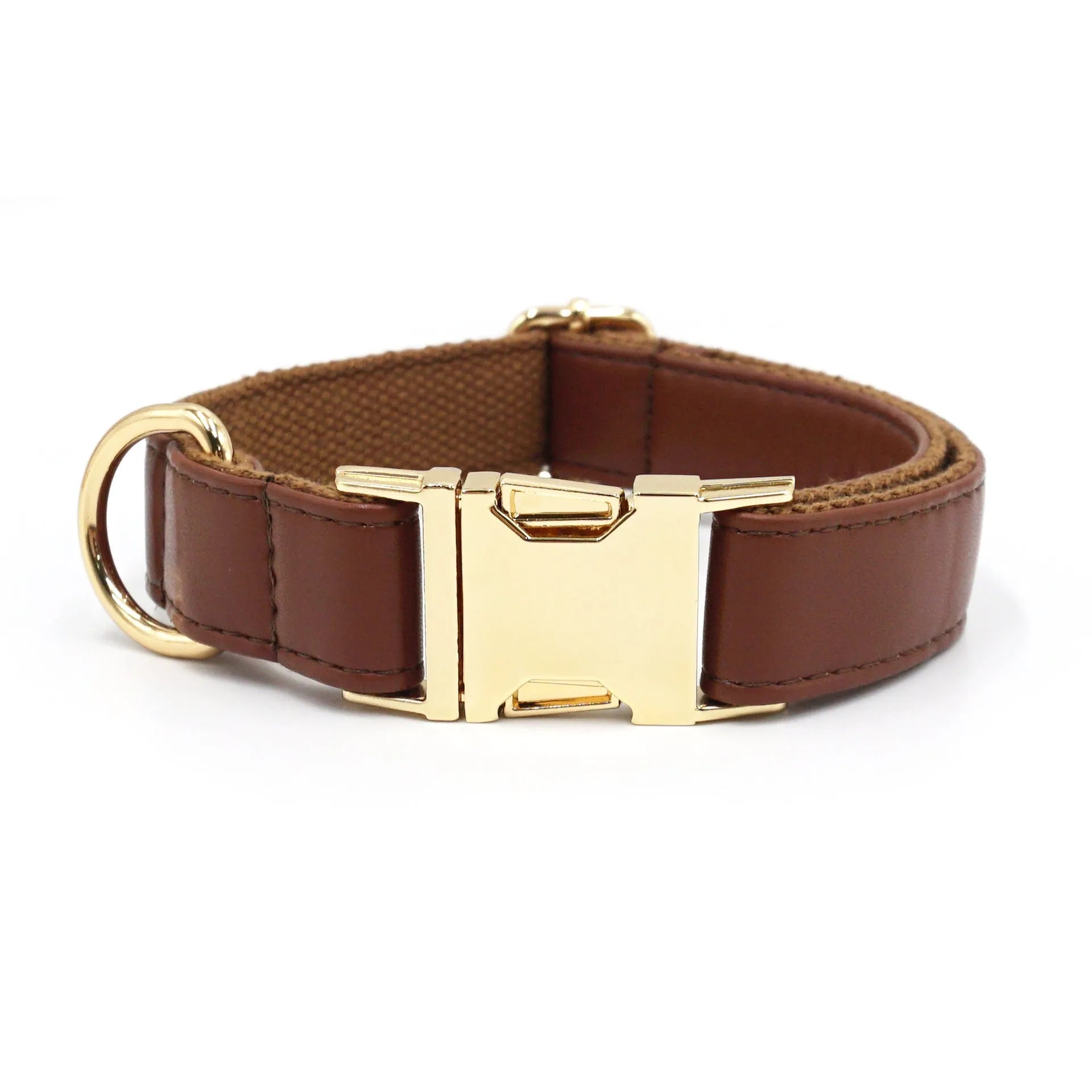 Leather dog collar with velvet finish and brass metal buckle in caramel colour option
