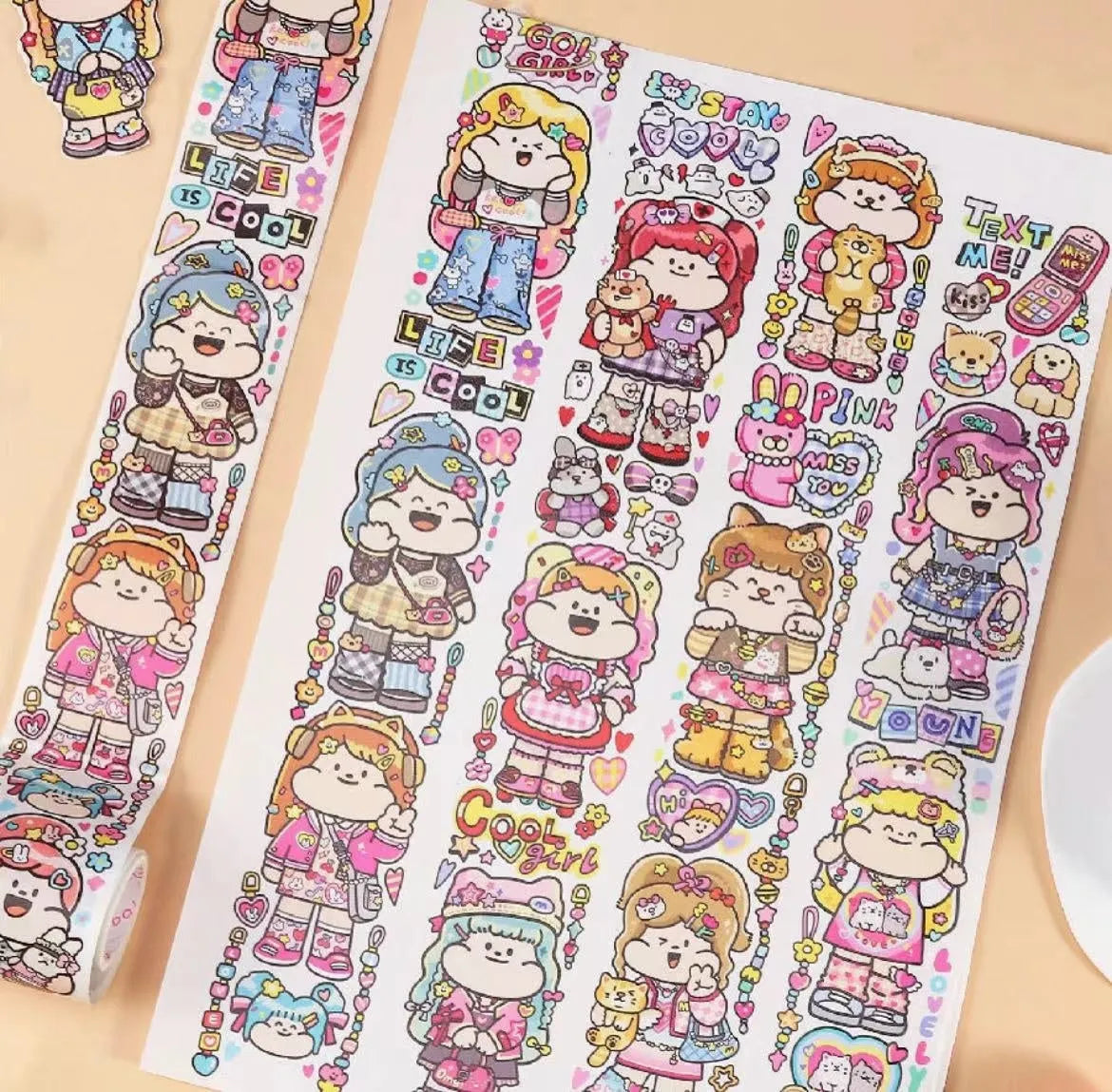 Colourful cartoon character adhesive sticker for sealing haemorrhoid tape packaging on Japanese paper.