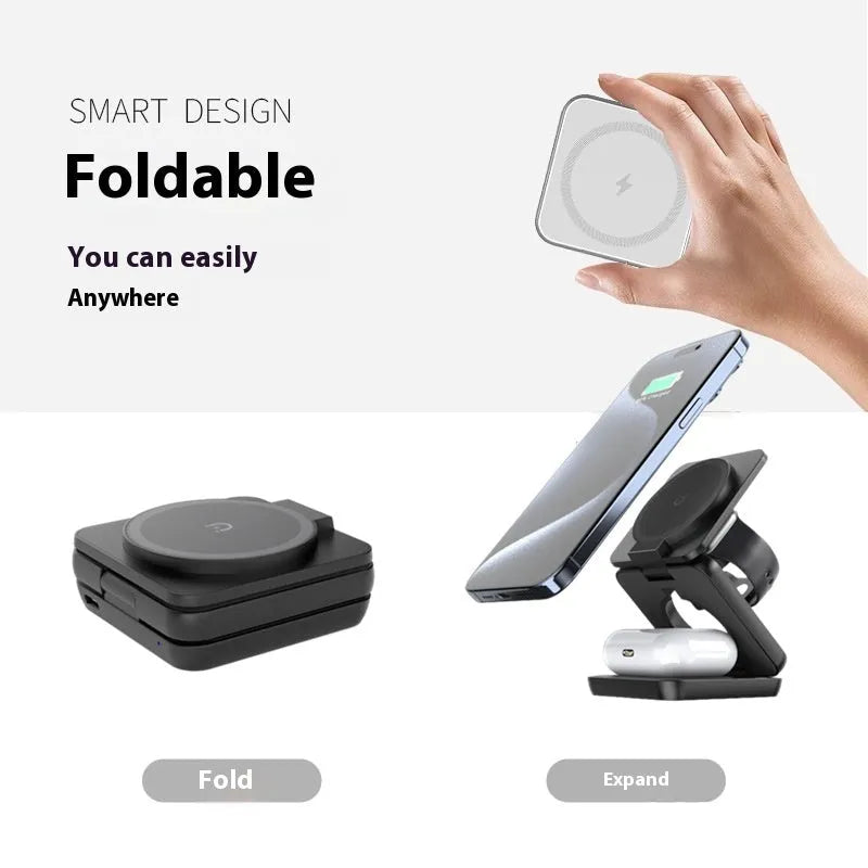 Black foldable magnetic wireless phone charging holder showing stand and compact size.
